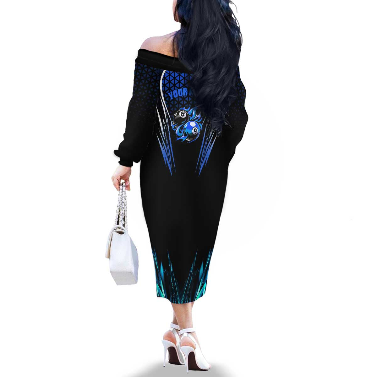 Billiards Design Family Matching Off The Shoulder Long Sleeve Dress and Hawaiian Shirt with Blue Flame Eight Ball and Lightning Pattern in Black Cyan Gradient Background - Wonder Print Shop