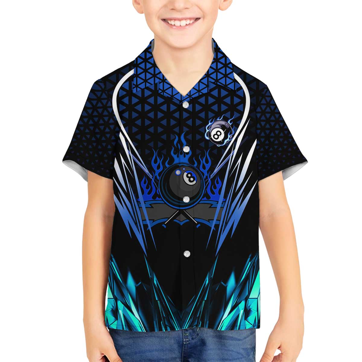 Billiards Design Family Matching Off The Shoulder Long Sleeve Dress and Hawaiian Shirt with Blue Flame Eight Ball and Lightning Pattern in Black Cyan Gradient Background - Wonder Print Shop