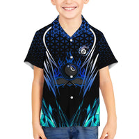 Billiards Design Family Matching Off The Shoulder Long Sleeve Dress and Hawaiian Shirt with Blue Flame Eight Ball and Lightning Pattern in Black Cyan Gradient Background - Wonder Print Shop