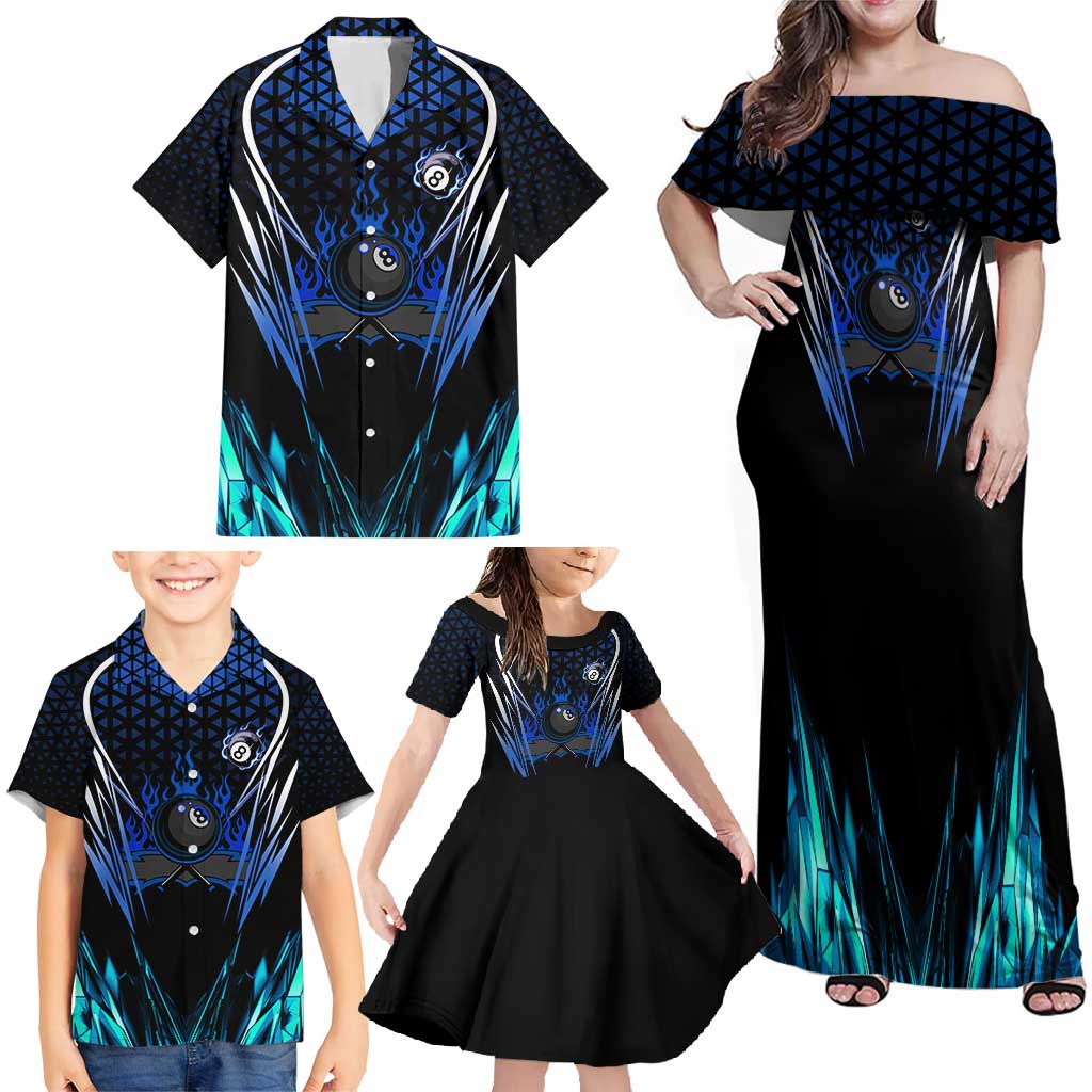 Billiards Design Family Matching Off Shoulder Maxi Dress and Hawaiian Shirt with Blue Flame Eight Ball and Lightning Pattern in Black Cyan Gradient Background - Wonder Print Shop