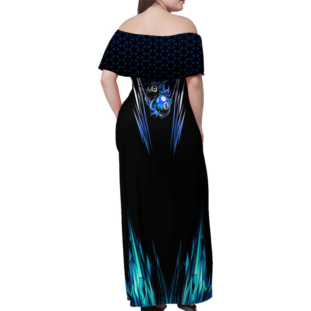 Billiards Design Family Matching Off Shoulder Maxi Dress and Hawaiian Shirt with Blue Flame Eight Ball and Lightning Pattern in Black Cyan Gradient Background - Wonder Print Shop