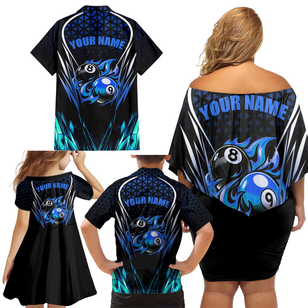 Billiards Design Family Matching Off Shoulder Short Dress and Hawaiian Shirt with Blue Flame Eight Ball and Lightning Pattern in Black Cyan Gradient Background - Wonder Print Shop