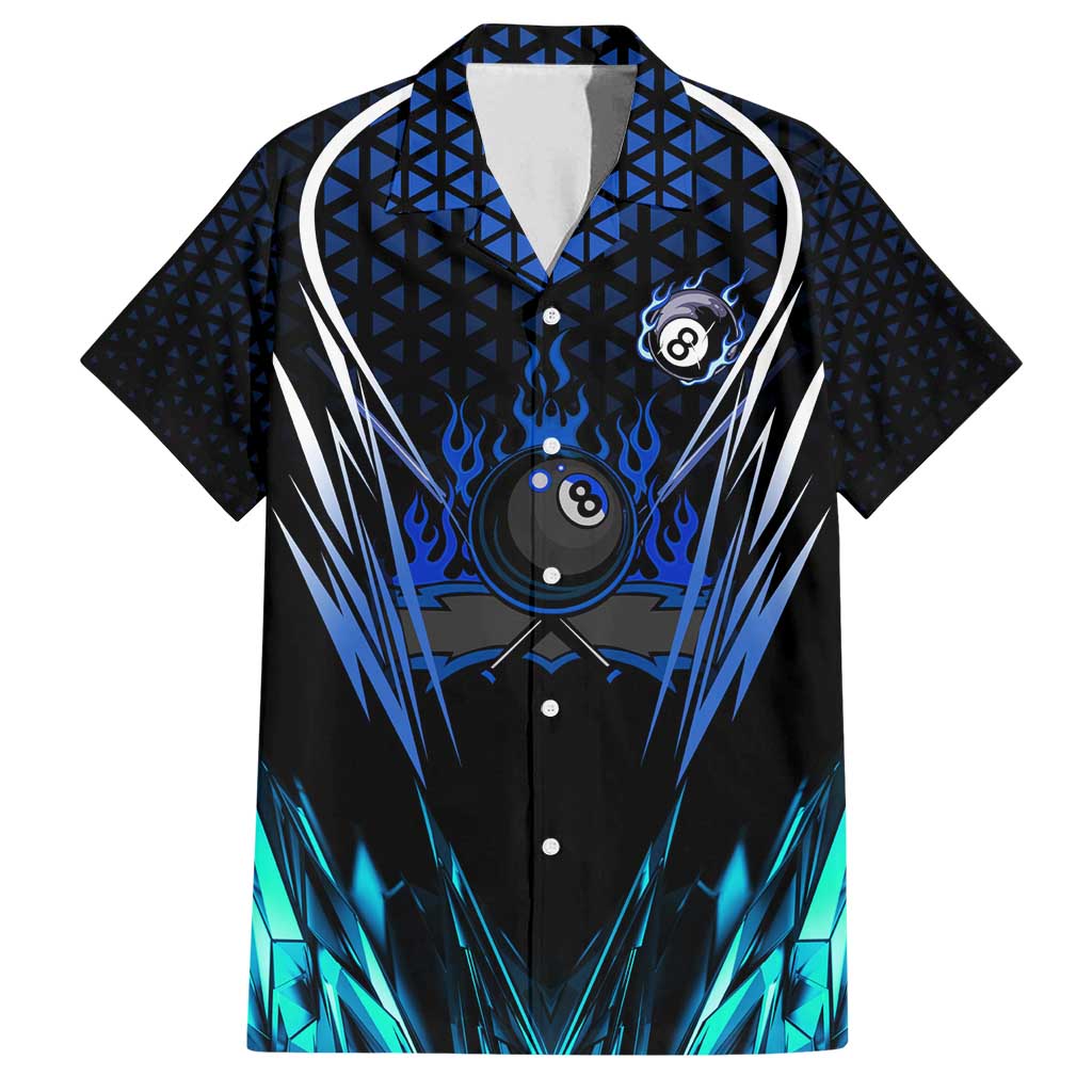 Billiards Design Family Matching Off Shoulder Short Dress and Hawaiian Shirt with Blue Flame Eight Ball and Lightning Pattern in Black Cyan Gradient Background - Wonder Print Shop