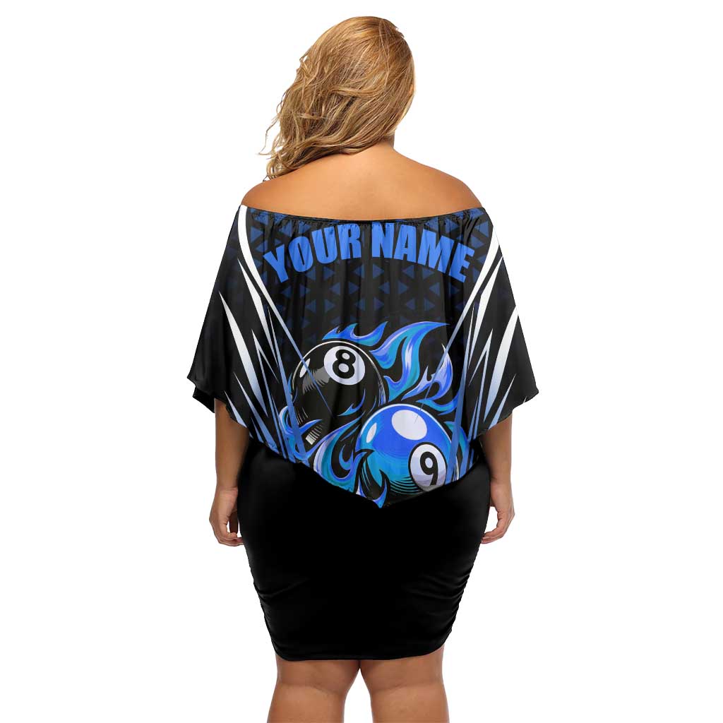 Billiards Design Family Matching Off Shoulder Short Dress and Hawaiian Shirt with Blue Flame Eight Ball and Lightning Pattern in Black Cyan Gradient Background - Wonder Print Shop
