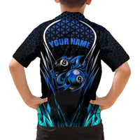 Billiards Design Family Matching Puletasi and Hawaiian Shirt with Blue Flame Eight Ball and Lightning Pattern in Black Cyan Gradient Background - Wonder Print Shop