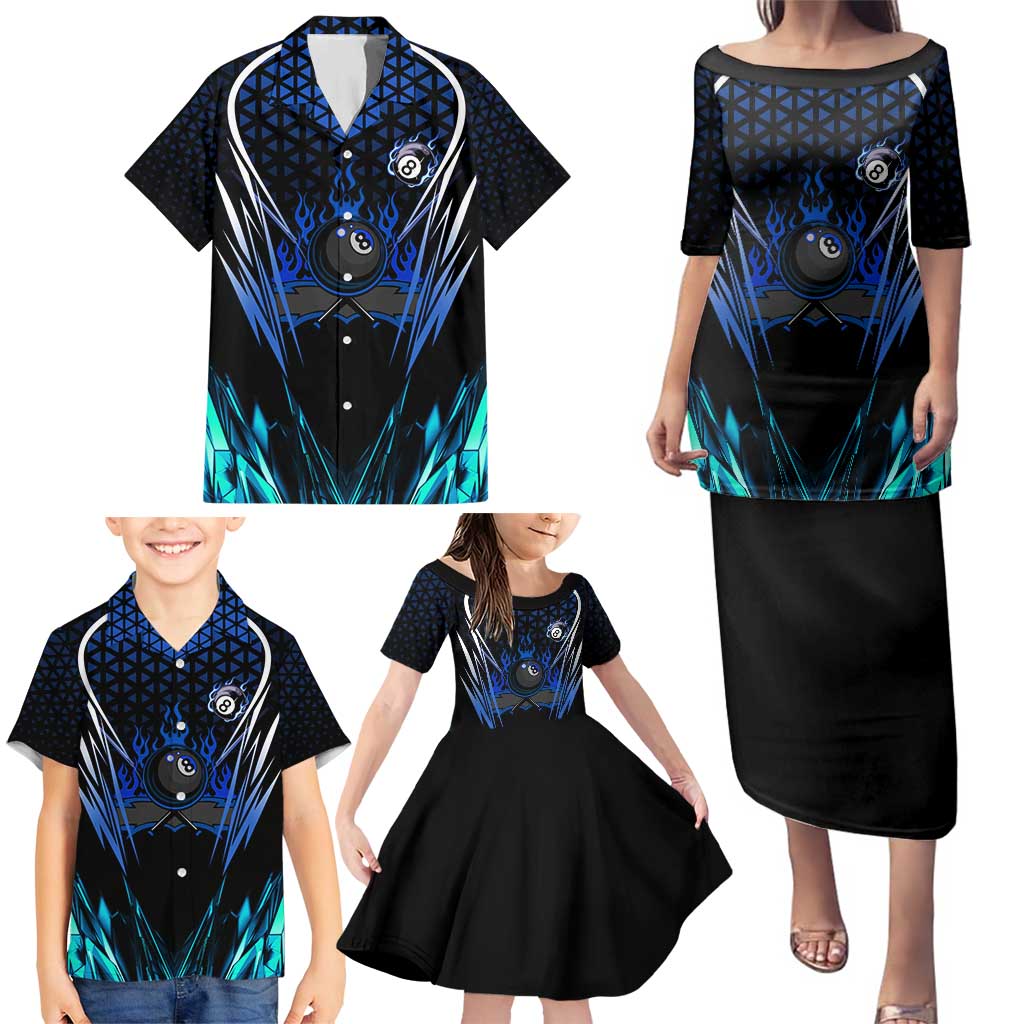Billiards Design Family Matching Puletasi and Hawaiian Shirt with Blue Flame Eight Ball and Lightning Pattern in Black Cyan Gradient Background - Wonder Print Shop