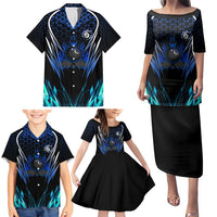 Billiards Design Family Matching Puletasi and Hawaiian Shirt with Blue Flame Eight Ball and Lightning Pattern in Black Cyan Gradient Background - Wonder Print Shop