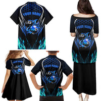 Billiards Design Family Matching Puletasi and Hawaiian Shirt with Blue Flame Eight Ball and Lightning Pattern in Black Cyan Gradient Background - Wonder Print Shop