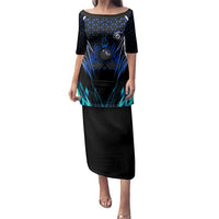 Billiards Design Family Matching Puletasi and Hawaiian Shirt with Blue Flame Eight Ball and Lightning Pattern in Black Cyan Gradient Background - Wonder Print Shop