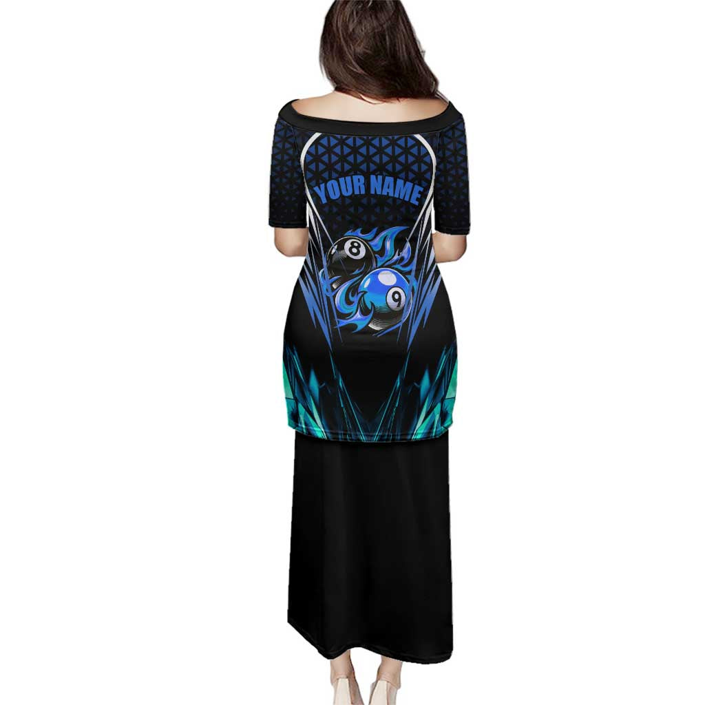 Billiards Design Family Matching Puletasi and Hawaiian Shirt with Blue Flame Eight Ball and Lightning Pattern in Black Cyan Gradient Background - Wonder Print Shop