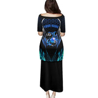 Billiards Design Family Matching Puletasi and Hawaiian Shirt with Blue Flame Eight Ball and Lightning Pattern in Black Cyan Gradient Background - Wonder Print Shop