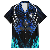 Billiards Design Family Matching Short Sleeve Bodycon Dress and Hawaiian Shirt with Blue Flame Eight Ball and Lightning Pattern in Black Cyan Gradient Background - Wonder Print Shop
