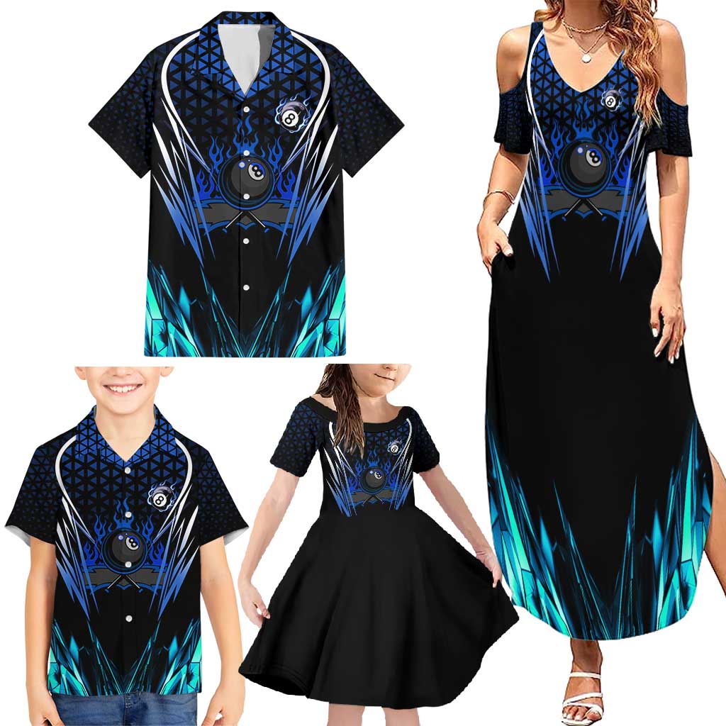 Billiards Design Family Matching Summer Maxi Dress and Hawaiian Shirt with Blue Flame Eight Ball and Lightning Pattern in Black Cyan Gradient Background - Wonder Print Shop