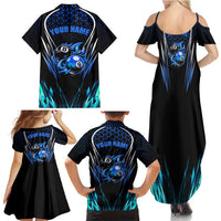 Billiards Design Family Matching Summer Maxi Dress and Hawaiian Shirt with Blue Flame Eight Ball and Lightning Pattern in Black Cyan Gradient Background - Wonder Print Shop