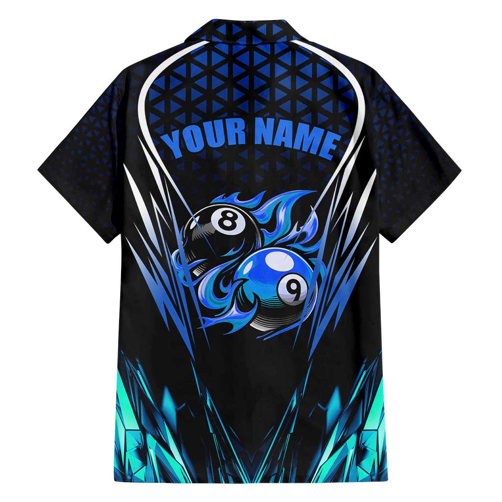 Billiards Design Family Matching Summer Maxi Dress and Hawaiian Shirt with Blue Flame Eight Ball and Lightning Pattern in Black Cyan Gradient Background - Wonder Print Shop