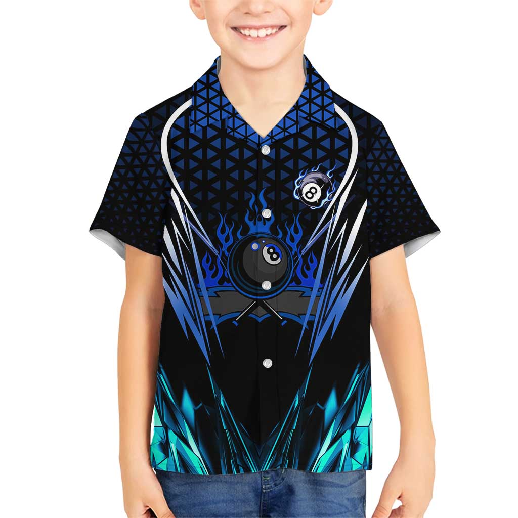 Billiards Design Family Matching Summer Maxi Dress and Hawaiian Shirt with Blue Flame Eight Ball and Lightning Pattern in Black Cyan Gradient Background - Wonder Print Shop