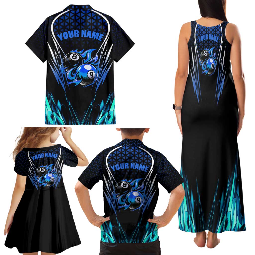 Billiards Design Family Matching Tank Maxi Dress and Hawaiian Shirt with Blue Flame Eight Ball and Lightning Pattern in Black Cyan Gradient Background - Wonder Print Shop