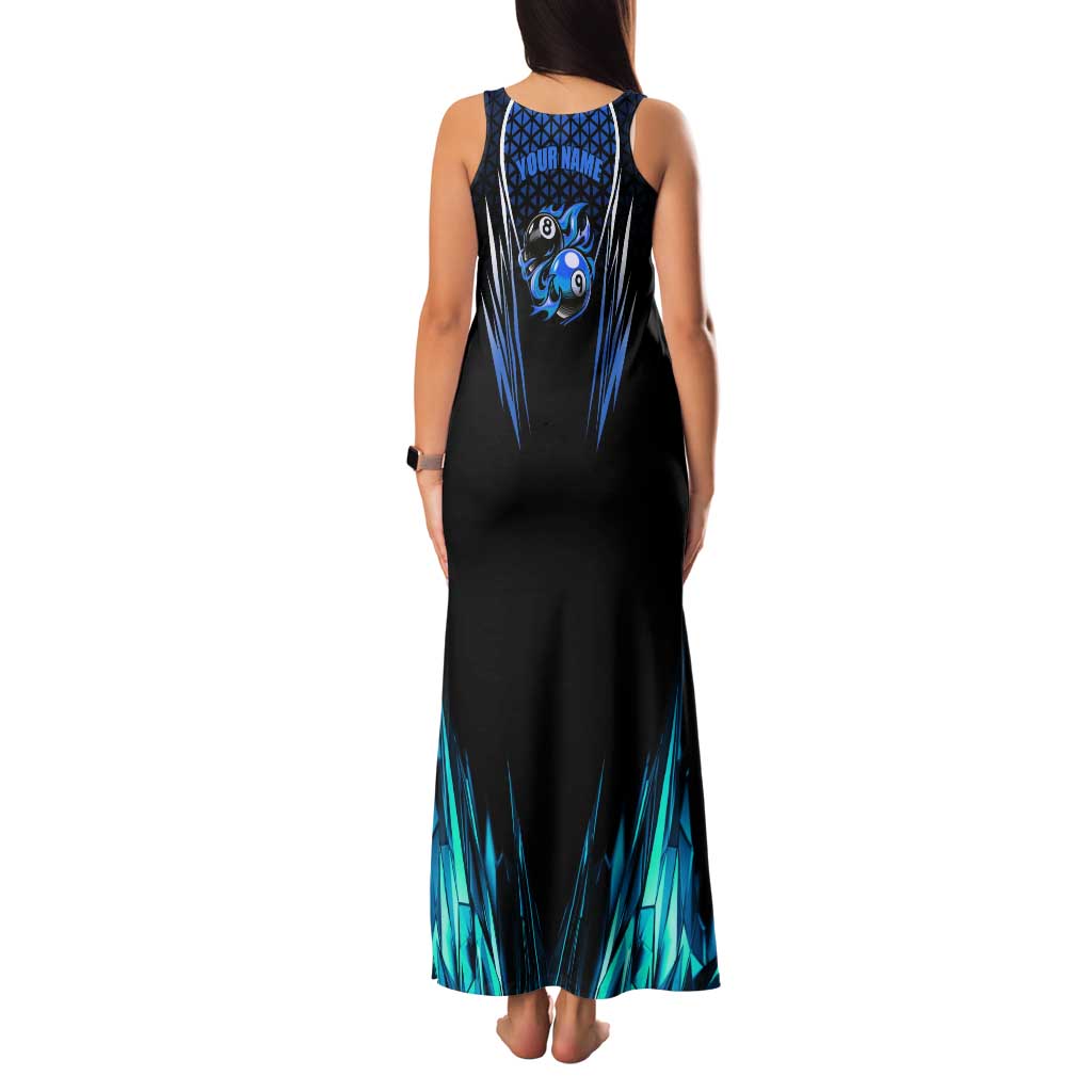 Billiards Design Family Matching Tank Maxi Dress and Hawaiian Shirt with Blue Flame Eight Ball and Lightning Pattern in Black Cyan Gradient Background - Wonder Print Shop