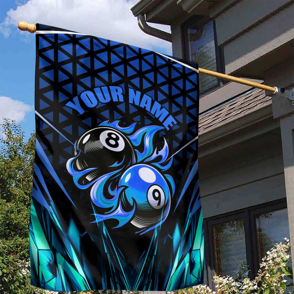 Billiards Design Garden Flag with Blue Flame Eight Ball and Lightning Pattern in Black Cyan Gradient Background - Wonder Print Shop
