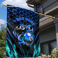 Billiards Design Garden Flag with Blue Flame Eight Ball and Lightning Pattern in Black Cyan Gradient Background - Wonder Print Shop
