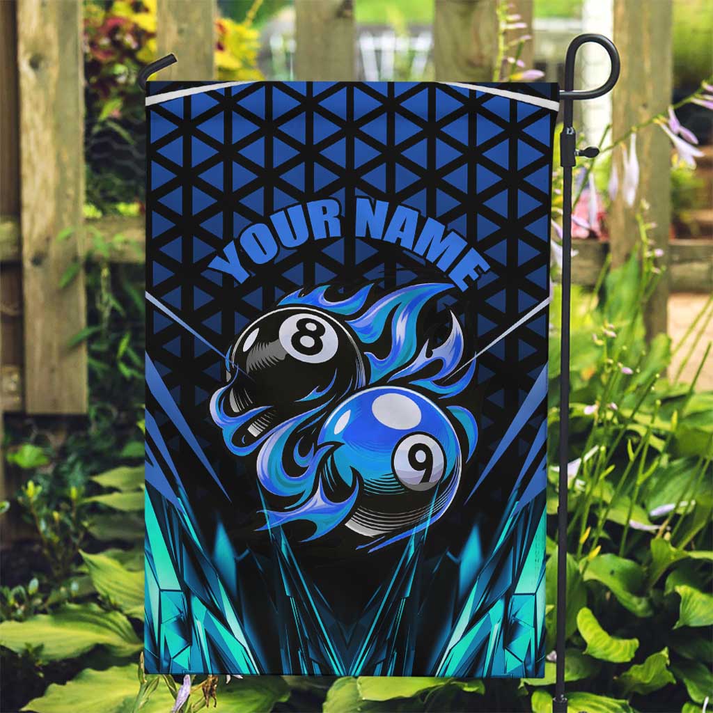 Billiards Design Garden Flag with Blue Flame Eight Ball and Lightning Pattern in Black Cyan Gradient Background - Wonder Print Shop
