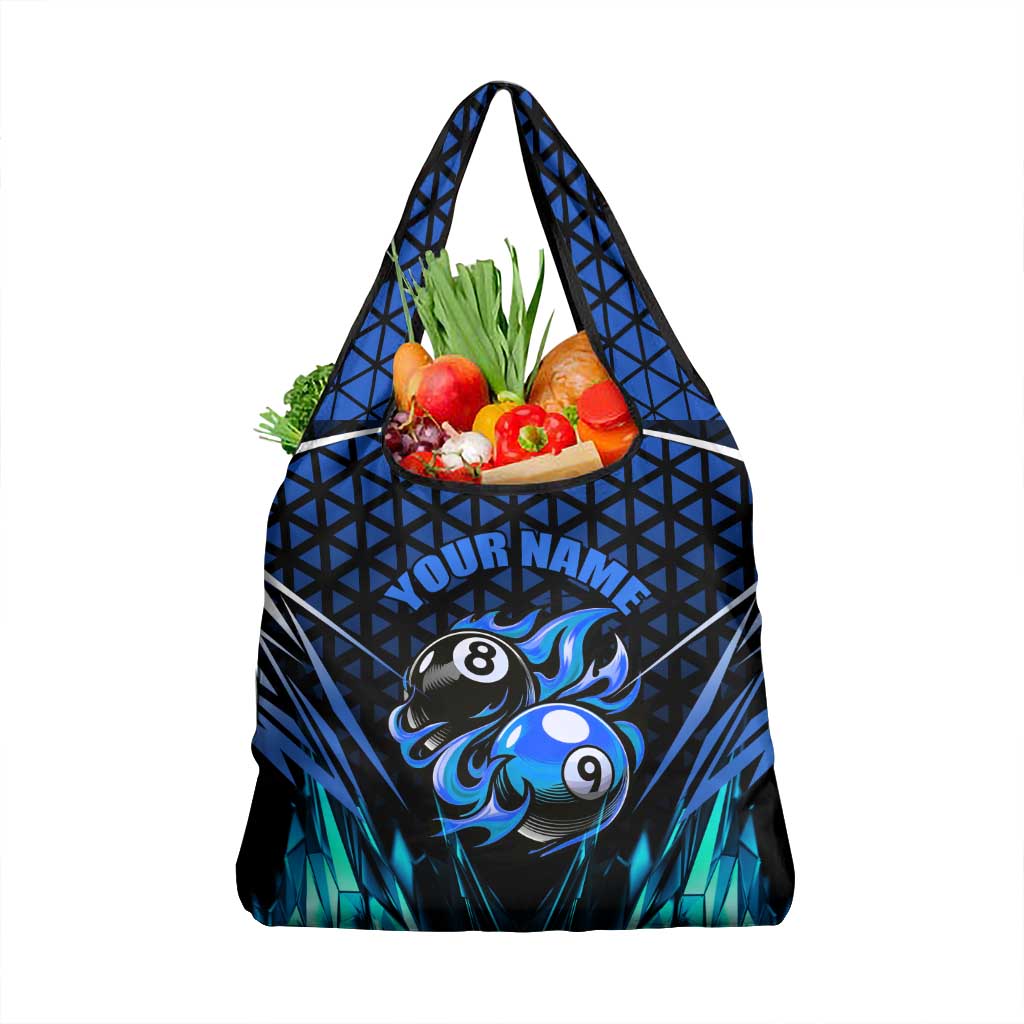 Billiards Design Grocery Bag with Blue Flame Eight Ball and Lightning Pattern in Black Cyan Gradient Background - Wonder Print Shop