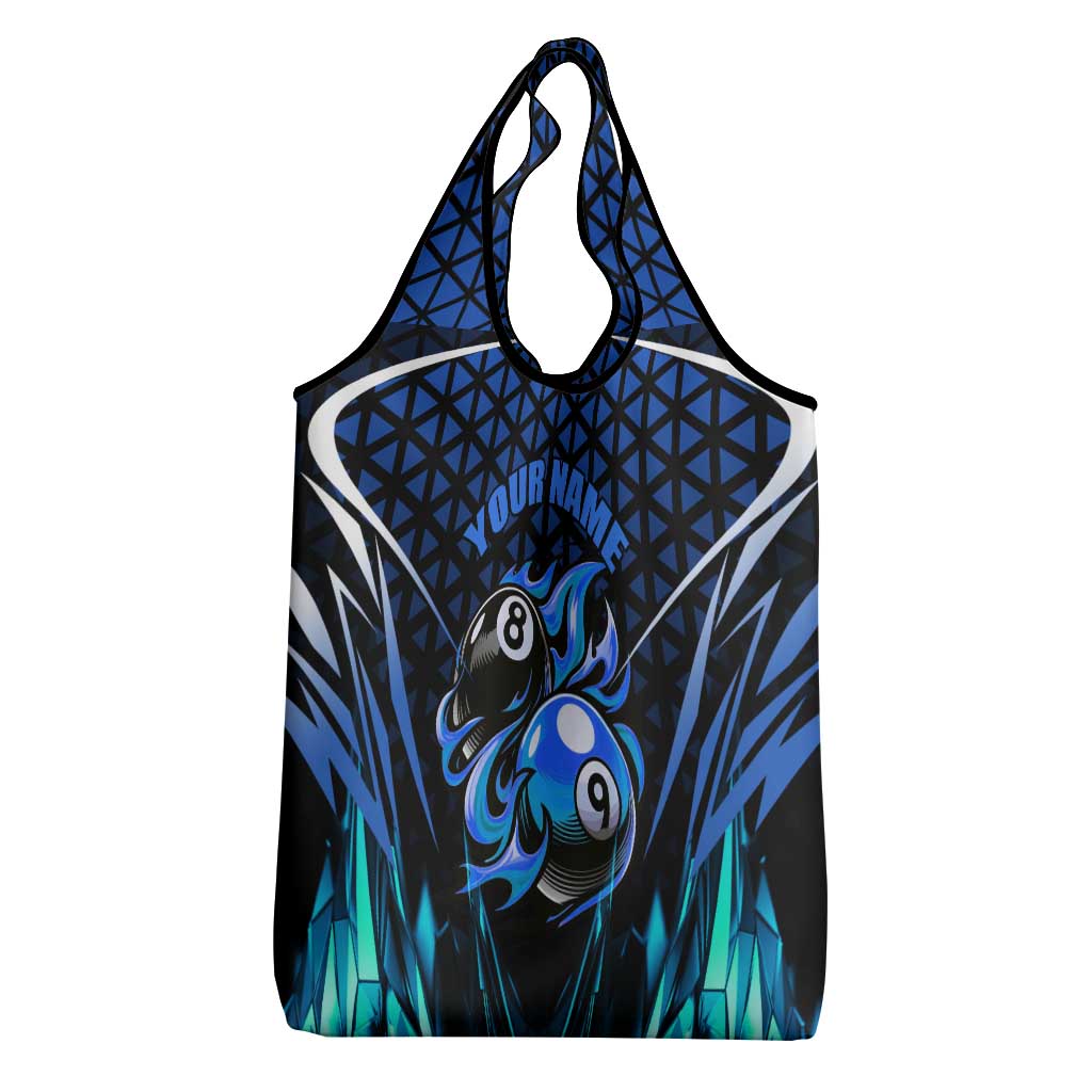 Billiards Design Grocery Bag with Blue Flame Eight Ball and Lightning Pattern in Black Cyan Gradient Background - Wonder Print Shop
