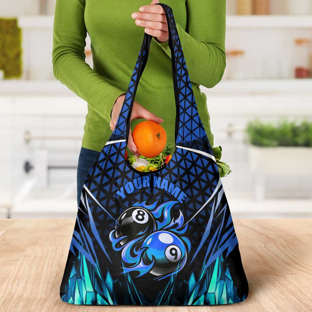Billiards Design Grocery Bag with Blue Flame Eight Ball and Lightning Pattern in Black Cyan Gradient Background - Wonder Print Shop