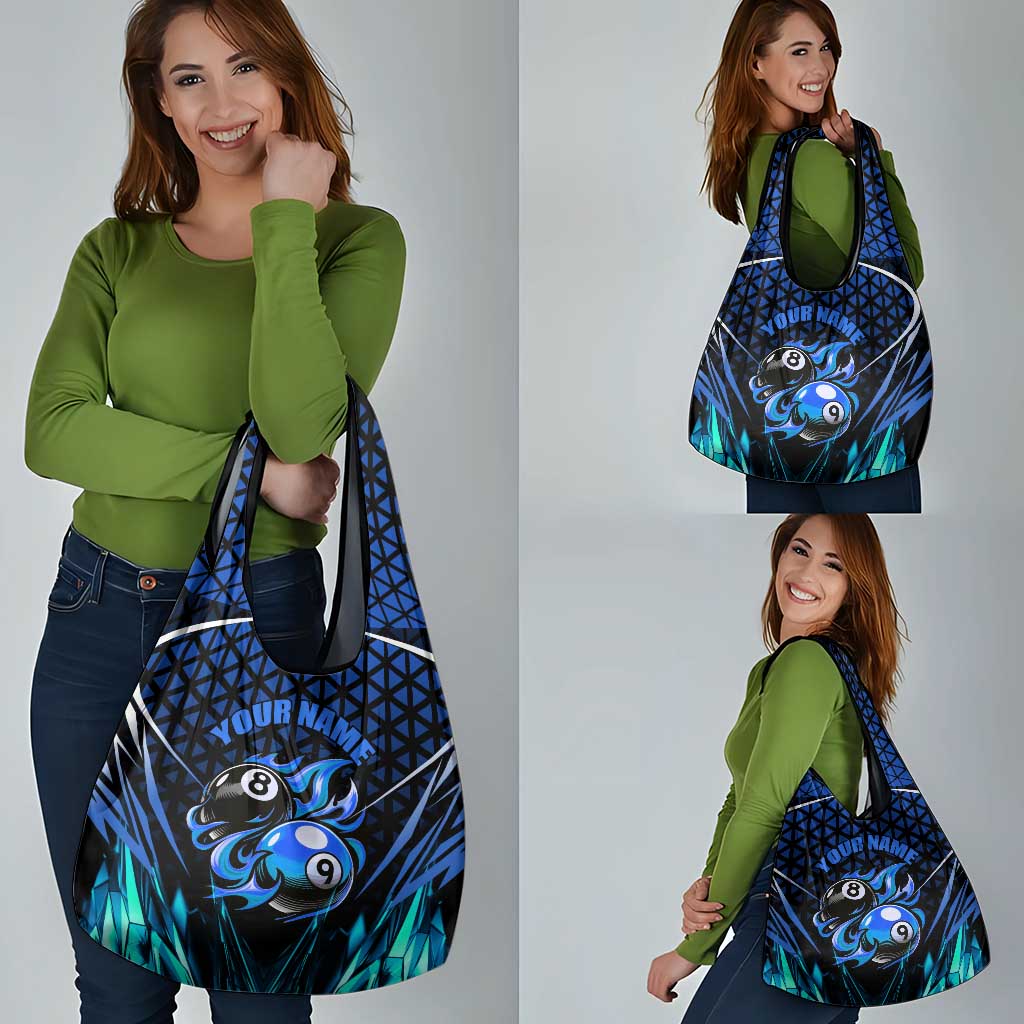 Billiards Design Grocery Bag with Blue Flame Eight Ball and Lightning Pattern in Black Cyan Gradient Background - Wonder Print Shop