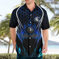 Billiards Design Hawaiian Shirt with Blue Flame Eight Ball and Lightning Pattern in Black Cyan Gradient Background - Wonder Print Shop