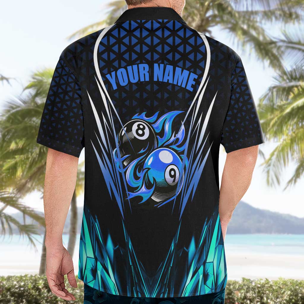 Billiards Design Hawaiian Shirt with Blue Flame Eight Ball and Lightning Pattern in Black Cyan Gradient Background - Wonder Print Shop