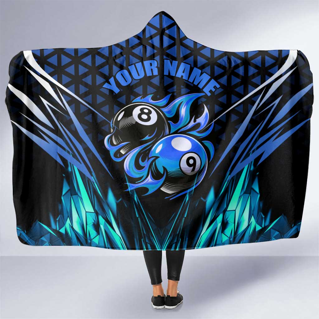 Billiards Design Hooded Blanket with Blue Flame Eight Ball and Lightning Pattern in Black Cyan Gradient Background - Wonder Print Shop