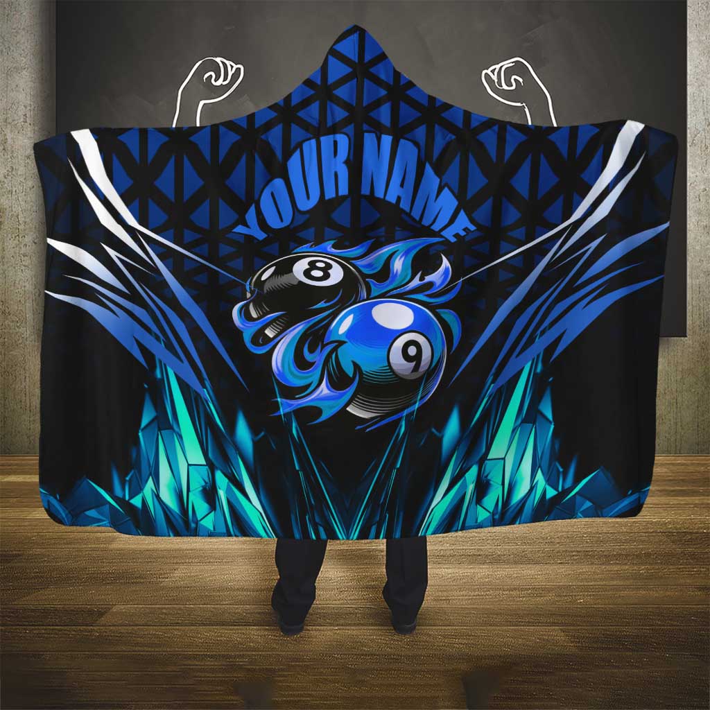 Billiards Design Hooded Blanket with Blue Flame Eight Ball and Lightning Pattern in Black Cyan Gradient Background - Wonder Print Shop