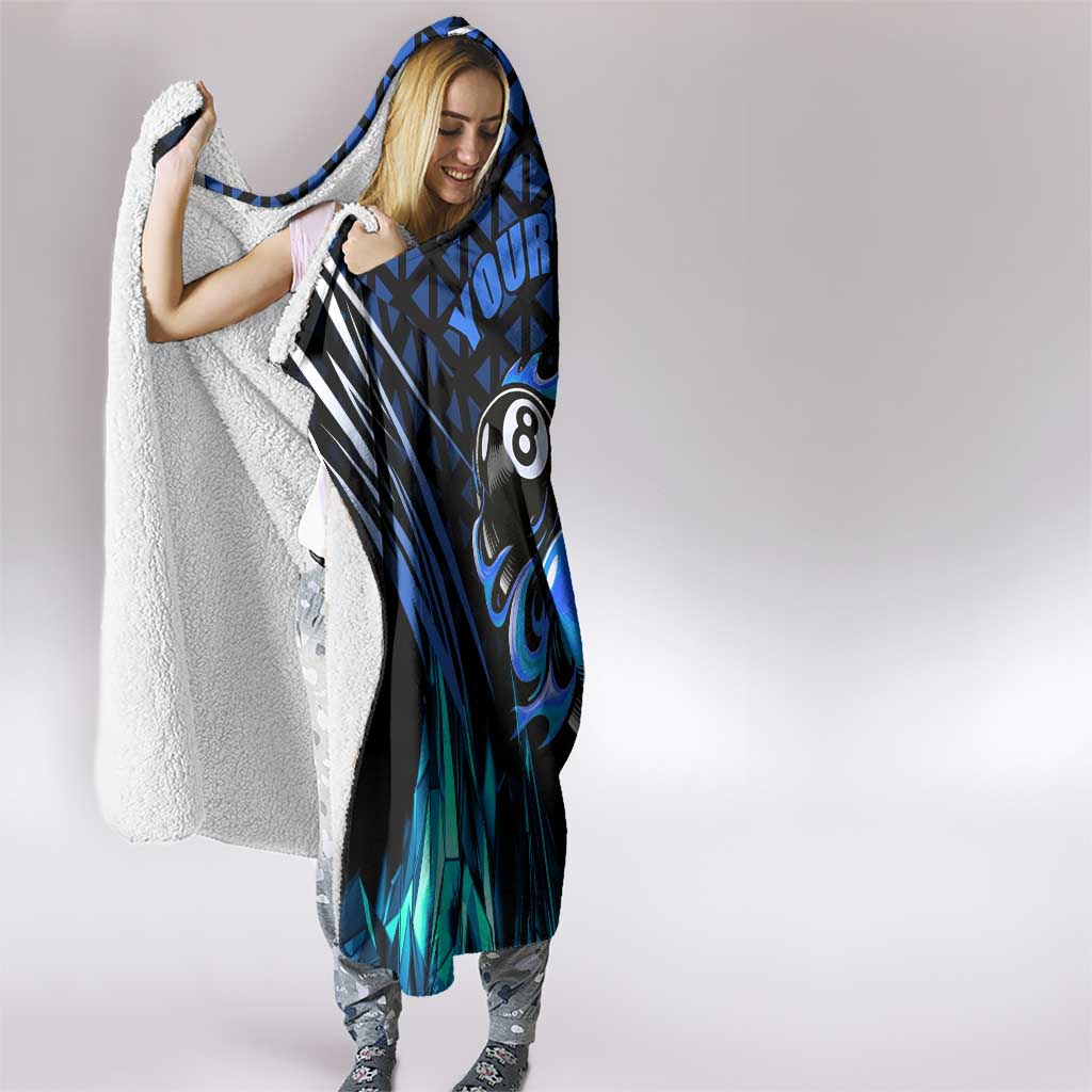 Billiards Design Hooded Blanket with Blue Flame Eight Ball and Lightning Pattern in Black Cyan Gradient Background - Wonder Print Shop