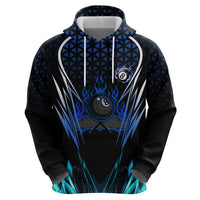 Billiards Design Hoodie with Blue Flame Eight Ball and Lightning Pattern in Black Cyan Gradient Background - Wonder Print Shop