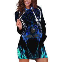 Billiards Design Hoodie Dress with Blue Flame Eight Ball and Lightning Pattern in Black Cyan Gradient Background - Wonder Print Shop
