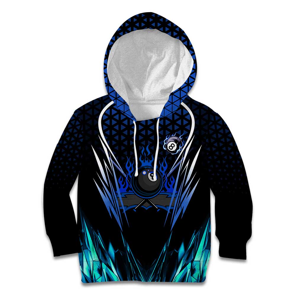 Billiards Design Kid Hoodie with Blue Flame Eight Ball and Lightning Pattern in Black Cyan Gradient Background - Wonder Print Shop