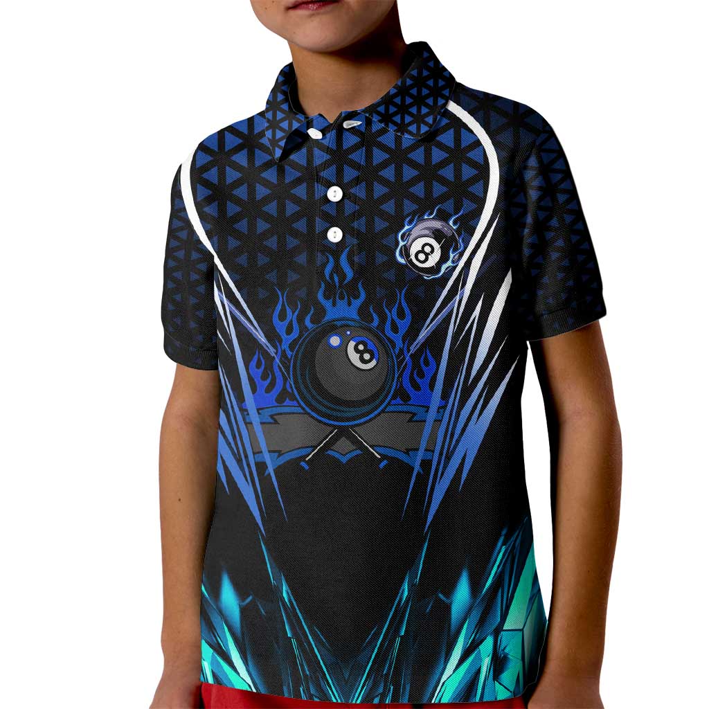 Billiards Design Kid Polo Shirt with Blue Flame Eight Ball and Lightning Pattern in Black Cyan Gradient Background - Wonder Print Shop