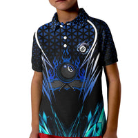 Billiards Design Kid Polo Shirt with Blue Flame Eight Ball and Lightning Pattern in Black Cyan Gradient Background - Wonder Print Shop