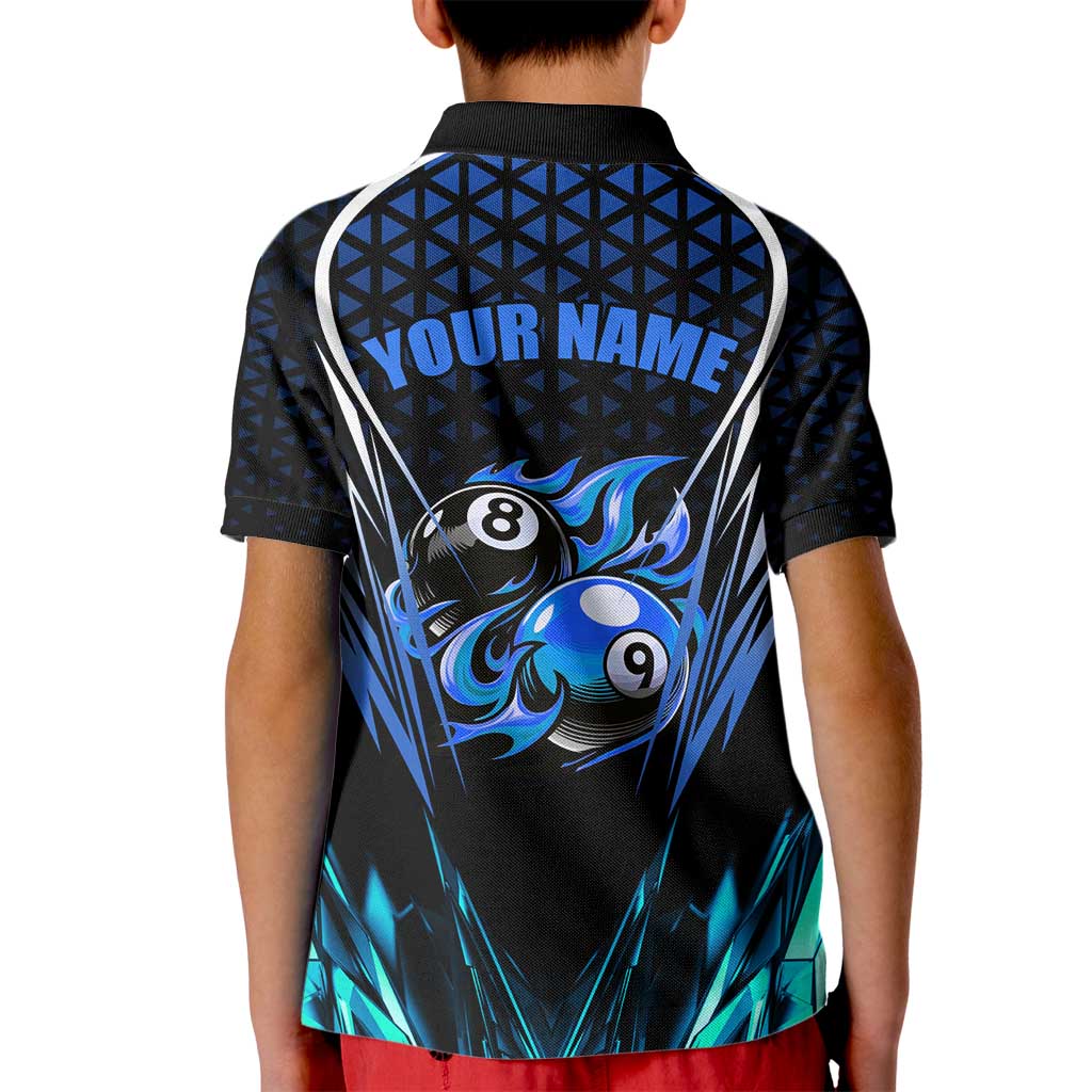 Billiards Design Kid Polo Shirt with Blue Flame Eight Ball and Lightning Pattern in Black Cyan Gradient Background - Wonder Print Shop