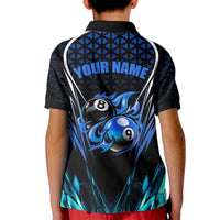 Billiards Design Kid Polo Shirt with Blue Flame Eight Ball and Lightning Pattern in Black Cyan Gradient Background - Wonder Print Shop