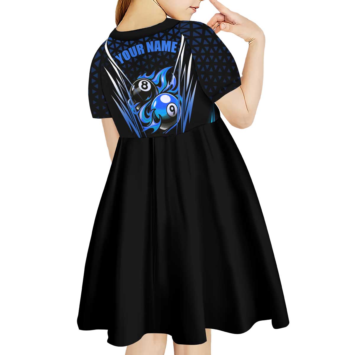 Billiards Design Kid Short Sleeve Dress with Blue Flame Eight Ball and Lightning Pattern in Black Cyan Gradient Background - Wonder Print Shop