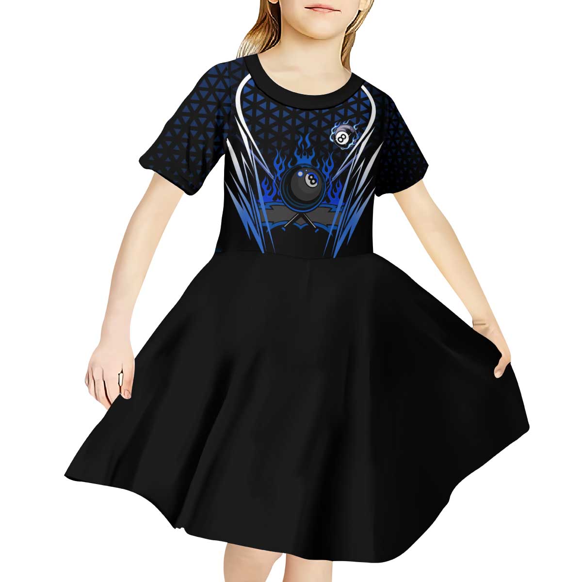 Billiards Design Kid Short Sleeve Dress with Blue Flame Eight Ball and Lightning Pattern in Black Cyan Gradient Background - Wonder Print Shop