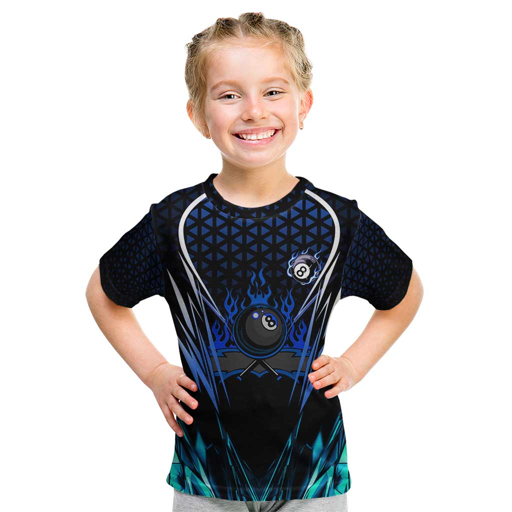 Billiards Design Kid T Shirt with Blue Flame Eight Ball and Lightning Pattern in Black Cyan Gradient Background - Wonder Print Shop