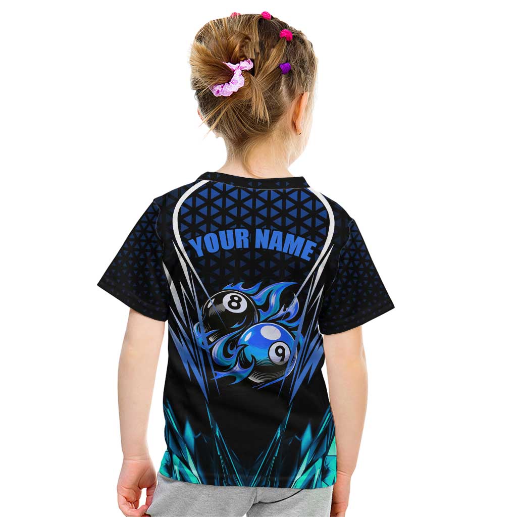 Billiards Design Kid T Shirt with Blue Flame Eight Ball and Lightning Pattern in Black Cyan Gradient Background - Wonder Print Shop