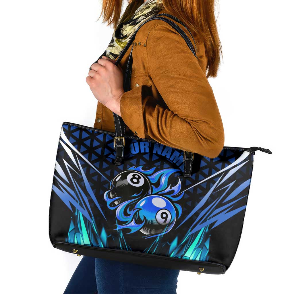 Billiards Design Leather Tote Bag with Blue Flame Eight Ball and Lightning Pattern in Black Cyan Gradient Background - Wonder Print Shop