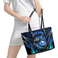 Billiards Design Leather Tote Bag with Blue Flame Eight Ball and Lightning Pattern in Black Cyan Gradient Background - Wonder Print Shop