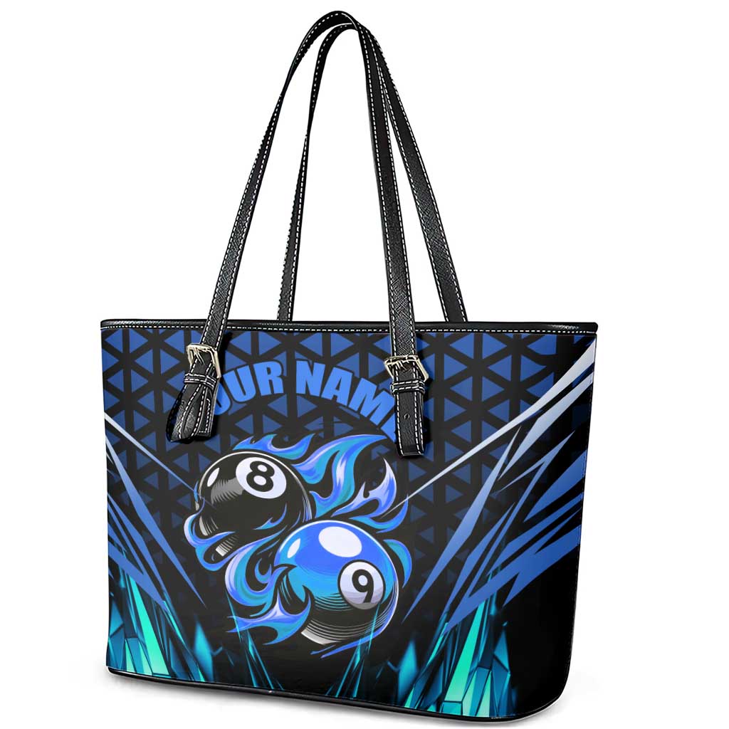 Billiards Design Leather Tote Bag with Blue Flame Eight Ball and Lightning Pattern in Black Cyan Gradient Background - Wonder Print Shop