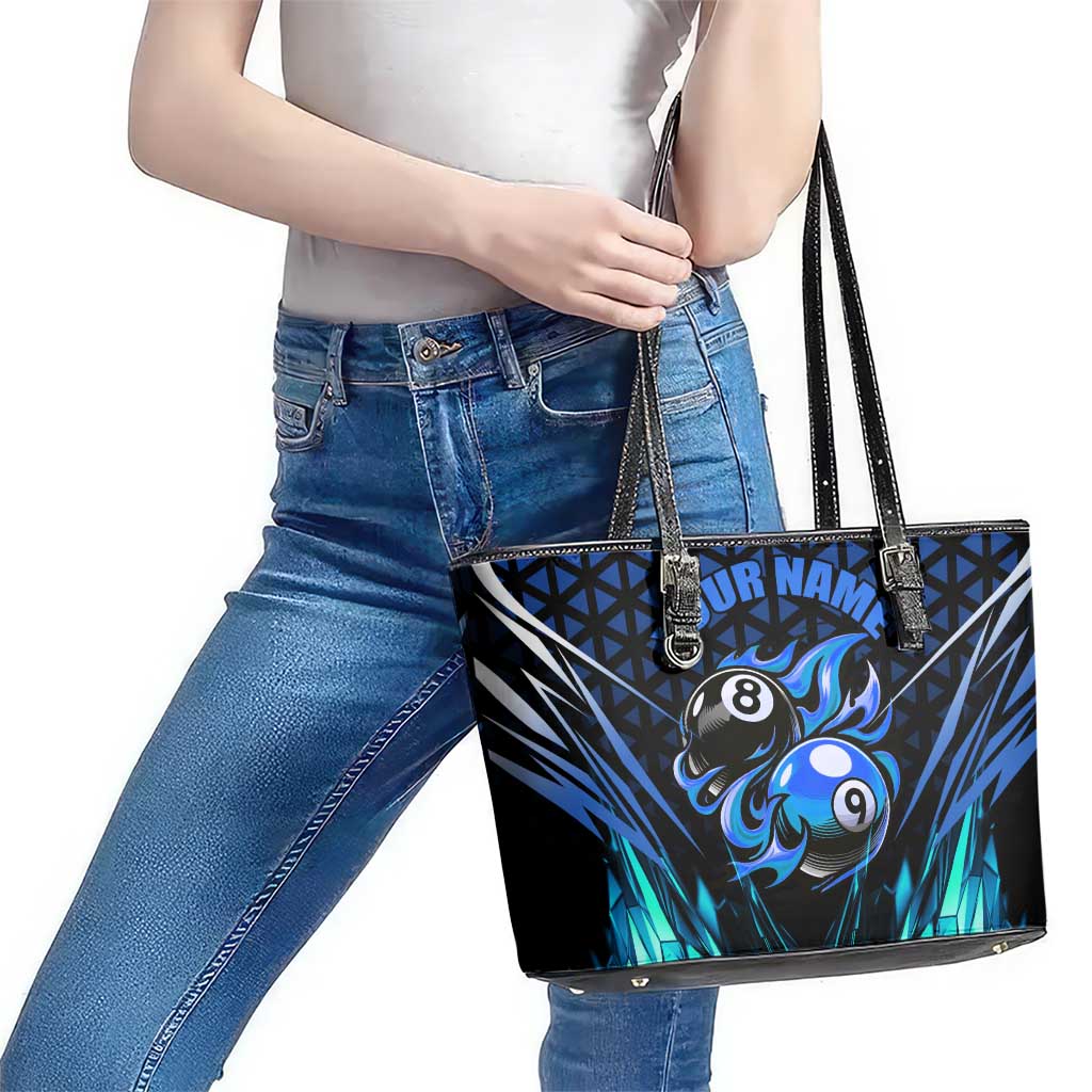 Billiards Design Leather Tote Bag with Blue Flame Eight Ball and Lightning Pattern in Black Cyan Gradient Background - Wonder Print Shop