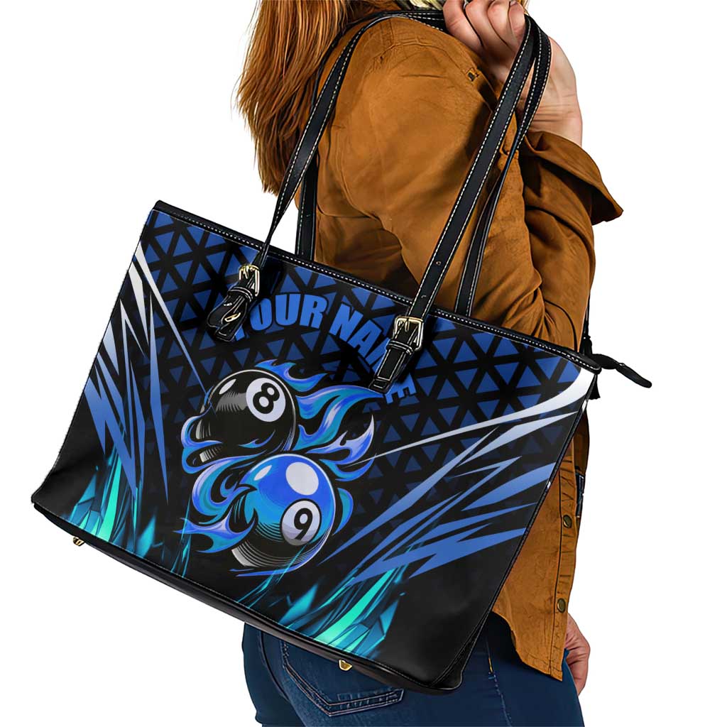 Billiards Design Leather Tote Bag with Blue Flame Eight Ball and Lightning Pattern in Black Cyan Gradient Background - Wonder Print Shop